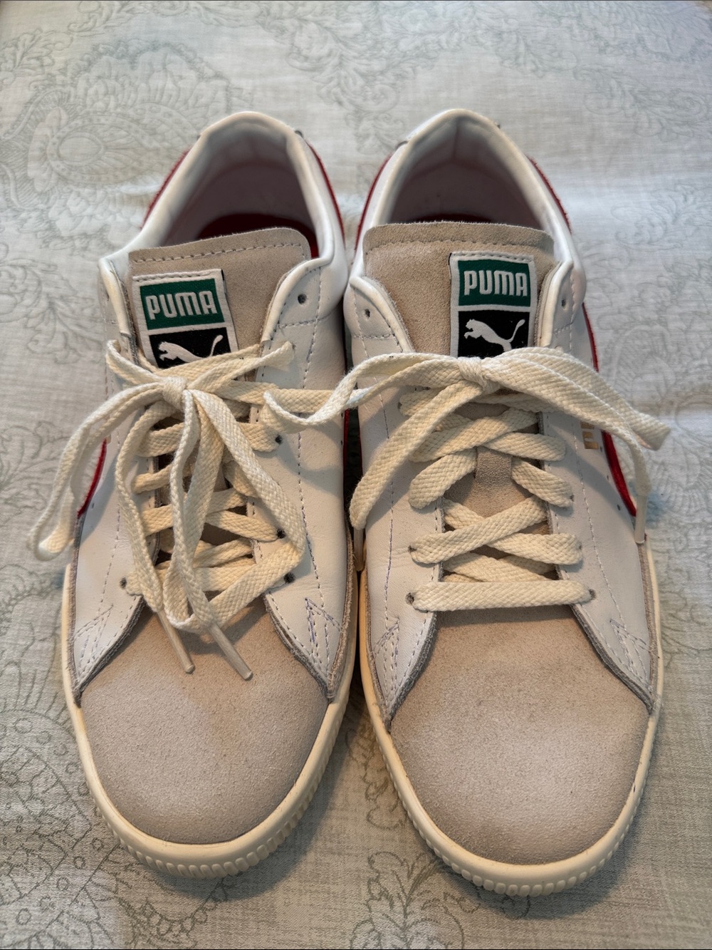 Puma Men’s White Sneakers with Beige Suede and Red Stripe